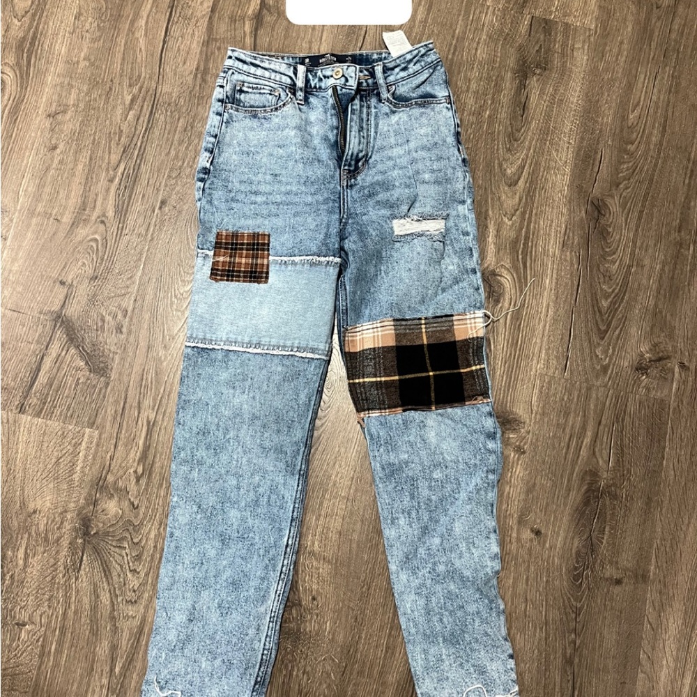 Patchwork Denim Jeans with Plaid Accents
